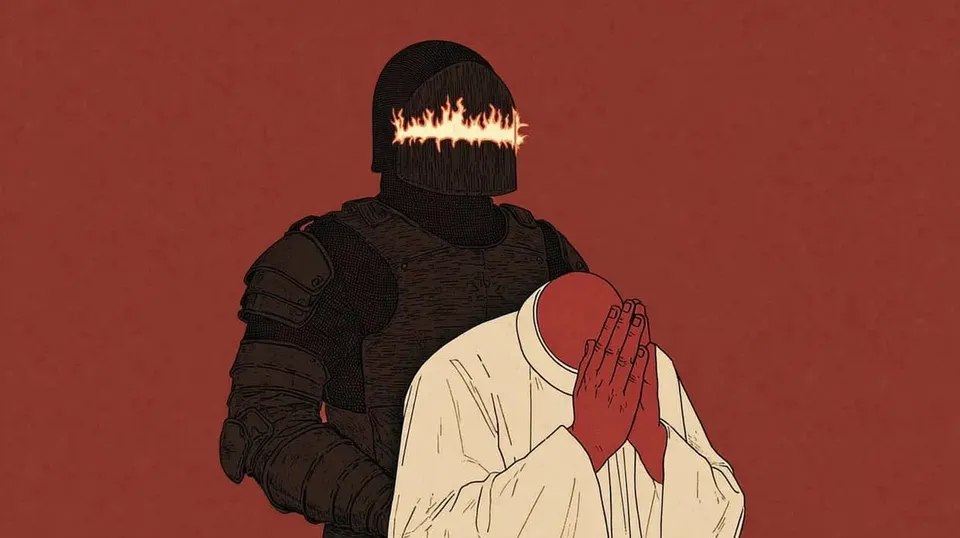 Armored Soldier, a Midjourney sref remix: armored soldier with glowing orange visor, flaming skull-faced priest clasped in prayer, brutal illustration style