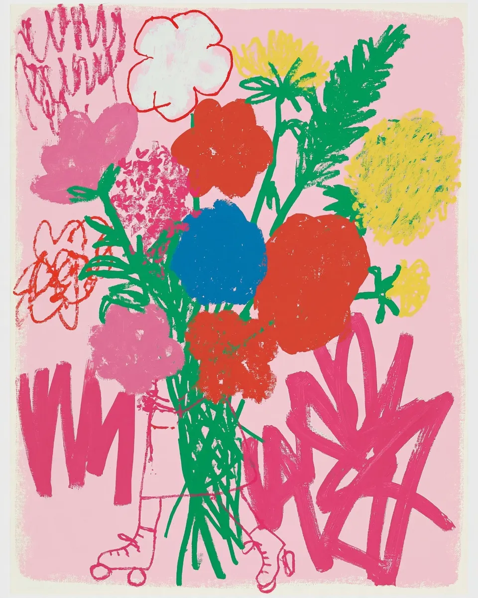 Roller-Skating Florist Carrying an Oversized Bouquet, a Midjourney sref remix: a roller-skating florist carrying an oversized bouquet through a mural alley, gestural floral brushwork colliding with buoyant pink graffiti graphics, playful illustration style
