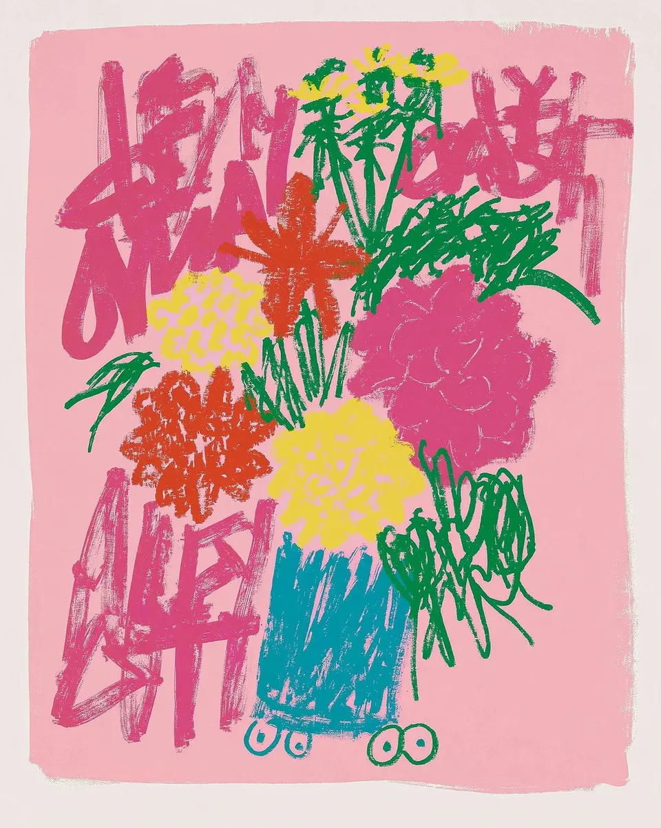 Roller-Skating Florist Carrying an Oversized Bouquet, a Midjourney sref remix: a roller-skating florist carrying an oversized bouquet through a mural alley, gestural floral brushwork colliding with buoyant pink graffiti graphics, playful illustration style