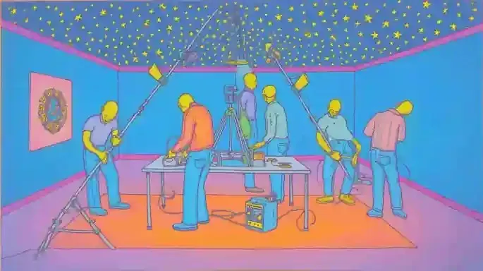 Nocturnal Bamboo Astronomers Repair the Moon 2, a Midjourney sref remix: nocturnal bamboo astronomers repair the moon through a zero-gravity pantry, a compact emergency hand-crank radio with folded antenna, under a ceiling of artificial stars, isolated on a white inspection table, surreal illustration style