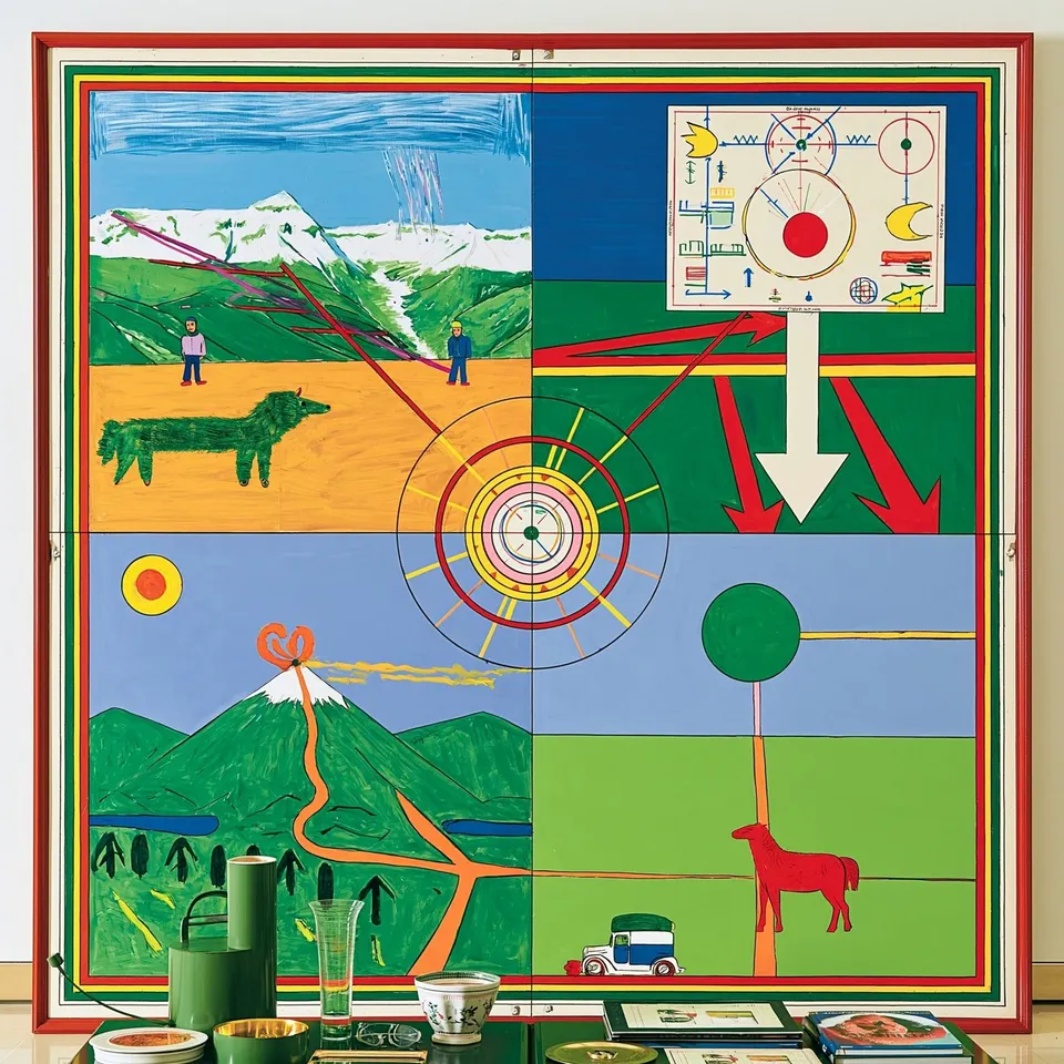 Observatory of Odd Seasons, a Midjourney sref remix: a four-panel alpine observatory field guide where impossible weather creatures migrate between seasons, bright folkloric collage with psychedelic diagram symbols, playful graphic style