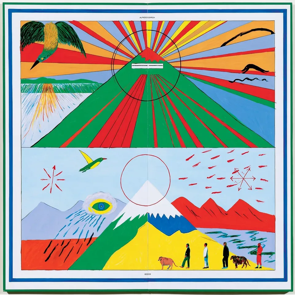 Observatory of Odd Seasons, a Midjourney sref remix: a four-panel alpine observatory field guide where impossible weather creatures migrate between seasons, bright folkloric collage with psychedelic diagram symbols, surreal illustration style