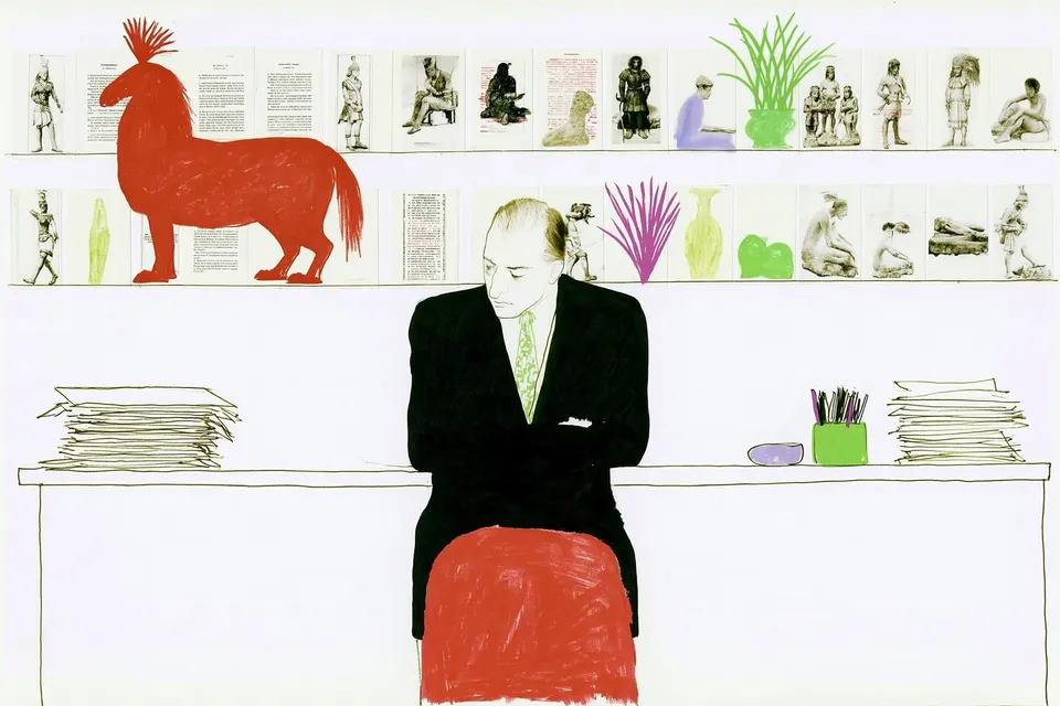 The Archivist's Bronze Age, a Midjourney sref remix: a gentle museum archivist in a tailored black suit piecing together a storybook ancient warrior from scattered paper clippings, monochrome documents blooming into warm dreamy red-crested color, surreal illustration style