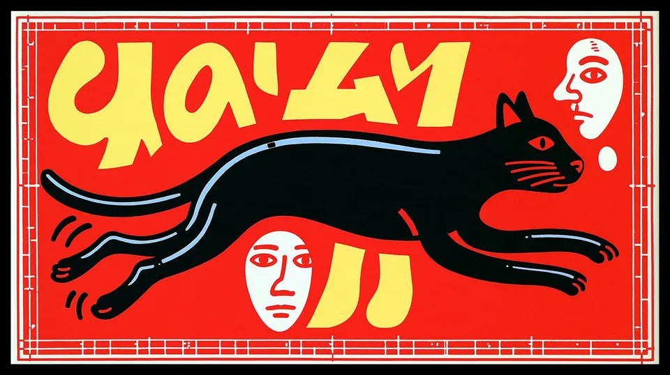 Blueprint Sprint, a Midjourney sref remix: A sleek cybernetic cat races across a technical blueprint while bold warm typography and a thoughtful hidden face frame its mid-leap pose., surreal graphic style