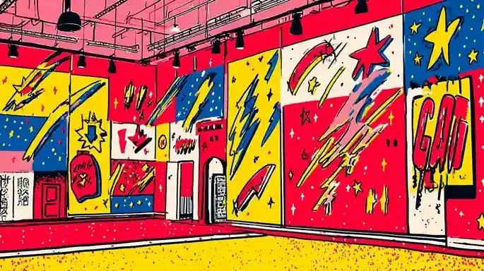 Interactive Children's Science Museum Exhibit About 3, a Midjourney sref remix: an interactive children's science museum exhibit about the anatomy of thunderstorms, a midnight roller rink with comet-shaped lights and dancers in handmade costumes, playful illustration style