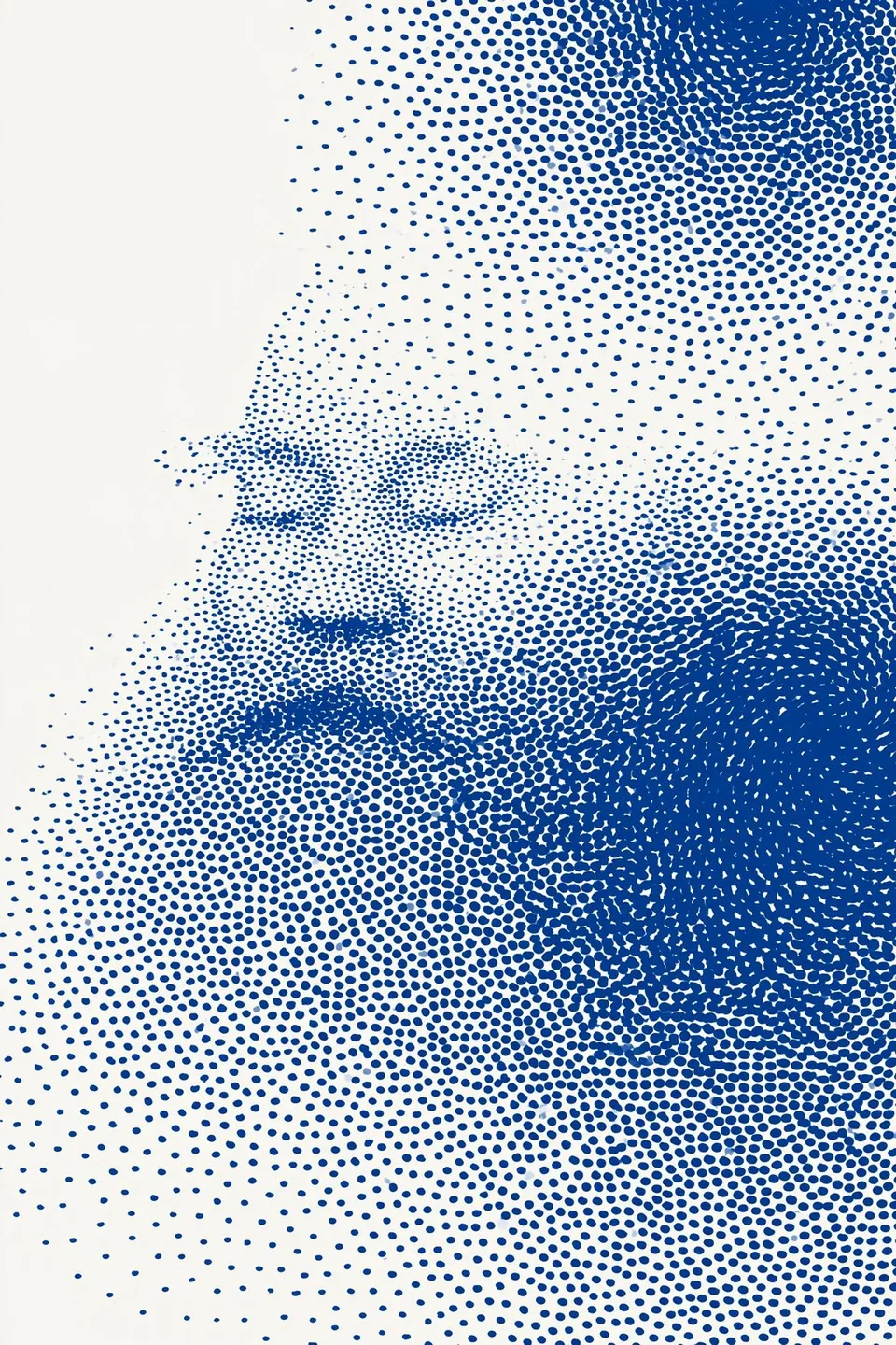Portrait in the Blue Whirl, a Midjourney sref remix: a calm face drawn in fine stippled dots gradually dissolving into a swirling cobalt vortex, a gentle figure merging with a hypnotic painterly tide, surreal graphic style