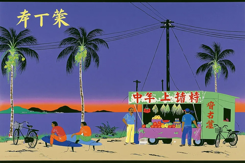 Three Surfers Waiting beside a Faded Roadside, a Midjourney sref remix: three surfers waiting beside a faded roadside fruit stand before dawn, cinematic illustration style