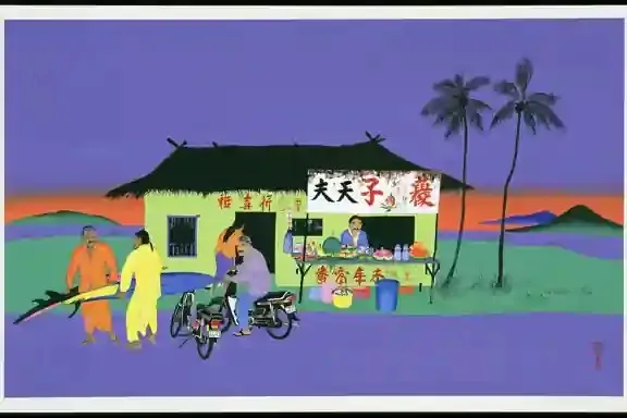 Three Surfers Waiting beside a Faded Roadside, a Midjourney sref remix: three surfers waiting beside a faded roadside fruit stand before dawn, playful illustration style