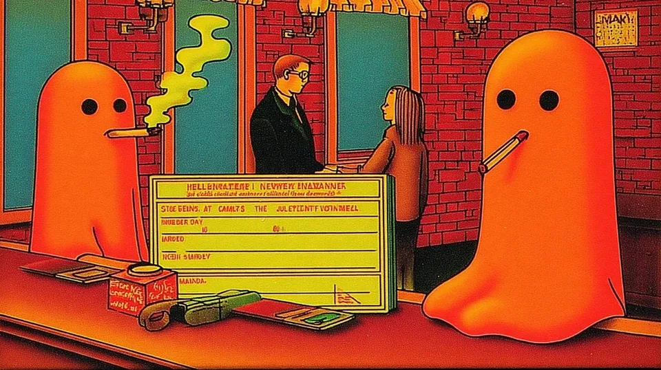 Four Surreal Retro Panels, a Midjourney sref remix: four surreal retro panels with smoking ghost, municipal water meter inspection card, printed entry fields, handwritten serial number and reading history, service date lines, punched filing notch, archival card stock, surreal illustration style