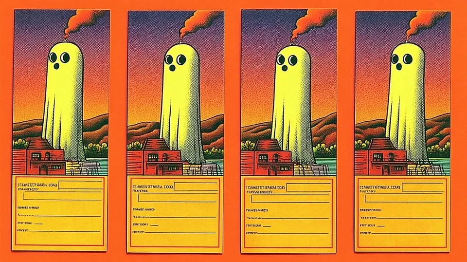 Four Surreal Retro Panels, a Midjourney sref remix: four surreal retro panels with smoking ghost, municipal water meter inspection card, printed entry fields, handwritten serial number and reading history, service date lines, punched filing notch, archival card stock, surreal illustration style
