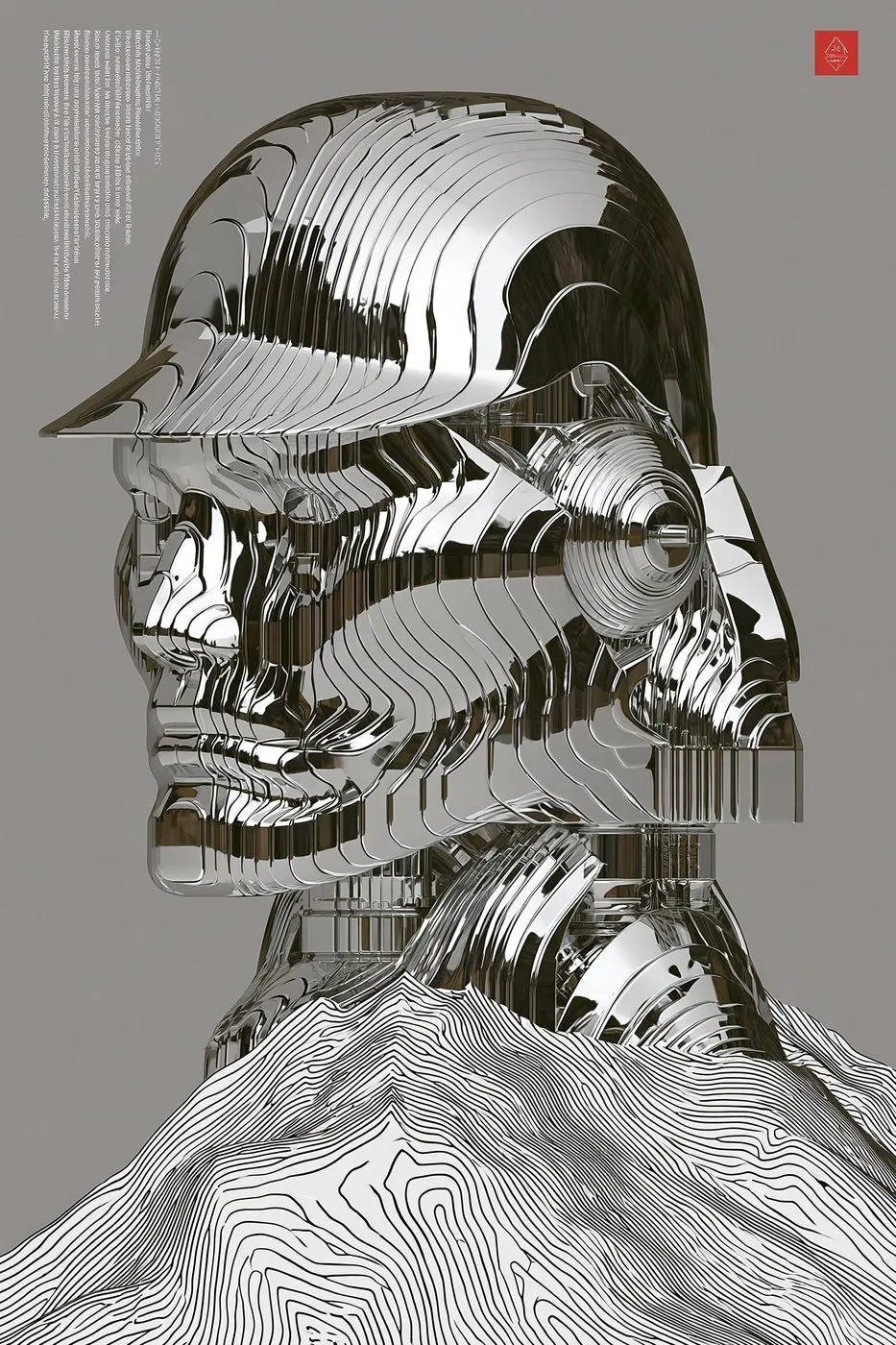 Topographic Rescue Unit, a Midjourney sref remix: an alpine rescue android emerging from contour-line fog above a silent ridge, reflective chrome portraiture dissolving into a minimal monochrome map, cinematic 3D style