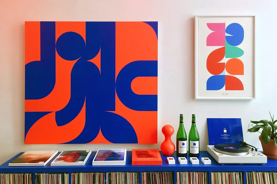 Independent Record Shop, a Midjourney sref remix: an independent record shop hosting an after-hours listening party, playful graphic style