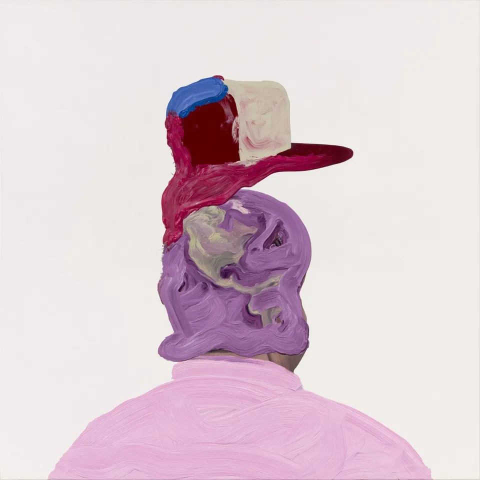 Single Figure, a Midjourney sref remix: A single figure seen from behind wears a multicolor cap whose hues spill into a thickly painted globe of swirling continents floating before them., surreal paint style