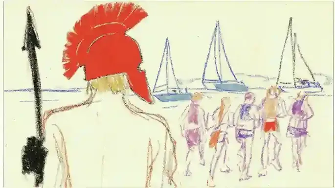 Ancient Warrior with Red-Crested Helmet and Spear, a Midjourney sref remix: ancient warrior with red-crested helmet and spear, teen sailors walking home from a small harbor regatta, viewed from behind, loose watercolor reportage sharpened by bold color-block sportswear, playful illustration style