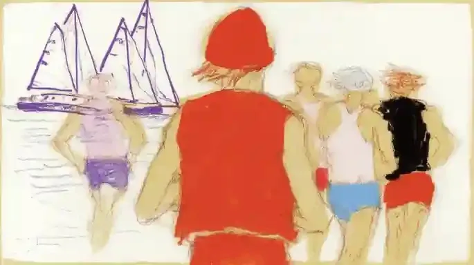 Ancient Warrior with Red-Crested Helmet and Spear, a Midjourney sref remix: ancient warrior with red-crested helmet and spear, teen sailors walking home from a small harbor regatta, viewed from behind, loose watercolor reportage sharpened by bold color-block sportswear, playful illustration style