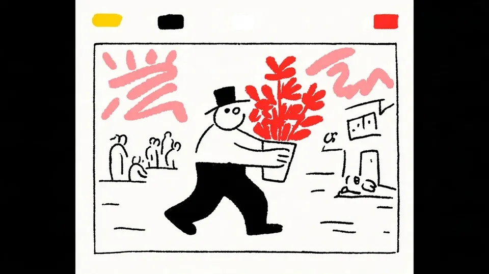 Roller-Skating Florist Carrying an Oversized Bouquet 2, a Midjourney sref remix: a roller-skating florist carrying an oversized bouquet through a mural alley, shocked man with cluttered swirling mind, gestural floral brushwork colliding with buoyant pink graffiti graphics, playful illustration style