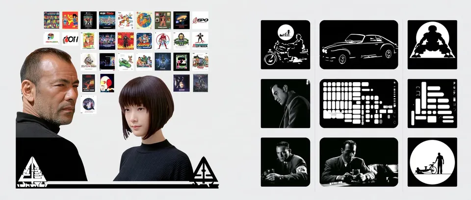 Technicolor Mood Board, a Midjourney sref remix: A vibrant mosaic of pop-culture scenes melts seamlessly into a monochrome grid of quiet film-noir vignettes, warm and cool tones sharing one frame., cinematic graphic style