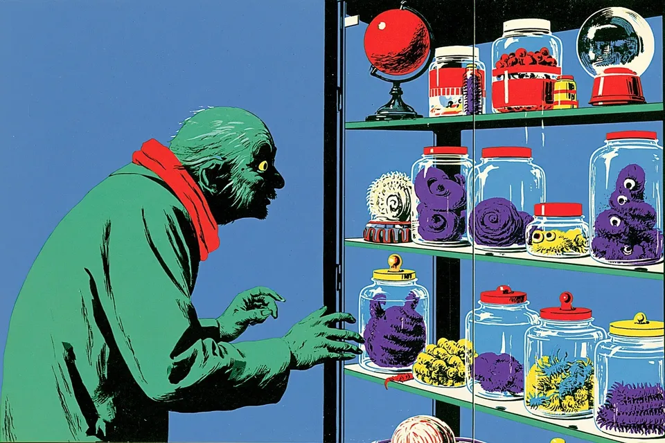 Kindly Green Librarian-Monster Cataloging a Cabinet, a Midjourney sref remix: a kindly green librarian-monster cataloging a cabinet of curiosities filled with spirals, jars, and globes, playful vintage collage with friendly monster charm, playful illustration style