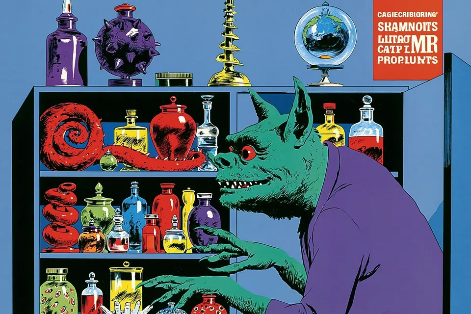 Kindly Green Librarian-Monster Cataloging a Cabinet, a Midjourney sref remix: a kindly green librarian-monster cataloging a cabinet of curiosities filled with spirals, jars, and globes, playful vintage collage with friendly monster charm, playful illustration style