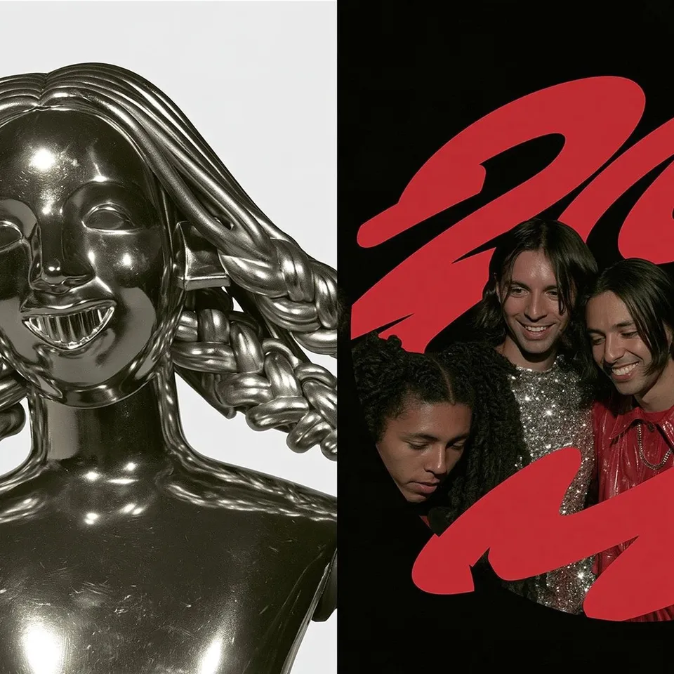 Chrome Crew Besties, a Midjourney sref remix: A gleaming robot bust with braided metal hair grins warmly beside a glittering group of best friends posing together under soft neon Y2K lights., playful photo style