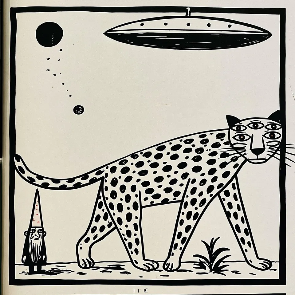 The All-Seeing Grove, a Midjourney sref remix: A spotted big cat with too many watchful eyes prowls a risograph-hued dreamscape scattered with a tiny gnome, a drifting orb, and a hovering disc., surreal illustration style