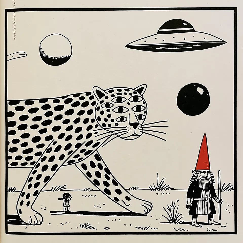 The All-Seeing Grove, a Midjourney sref remix: A spotted big cat with too many watchful eyes prowls a risograph-hued dreamscape scattered with a tiny gnome, a drifting orb, and a hovering disc., surreal illustration style