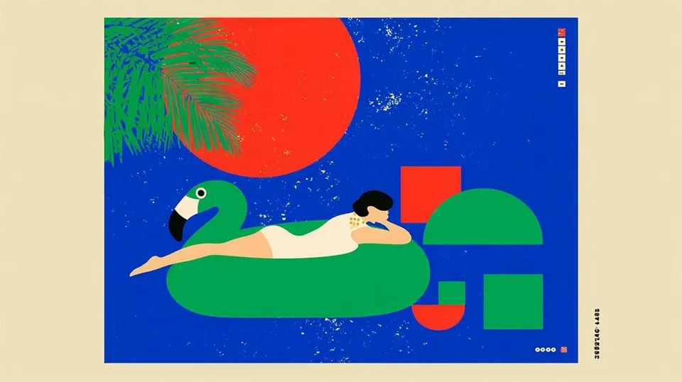 Dog Lounging, a Midjourney sref remix: dog lounging on a flamingo pool float, a 1970s fragrance campaign with an elegant figure reclining across a cobalt geometric set, retro summer, modernist painted shapes softened by faded Polaroid grain and freckles, playful illustration style