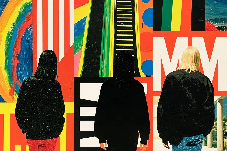 Two Best Friends, a Midjourney sref remix: two best friends touring a futuristic city transit system, each station rendered as a different vivid collage panel with glittery Y2K fashion portrait accents, playful graphic style