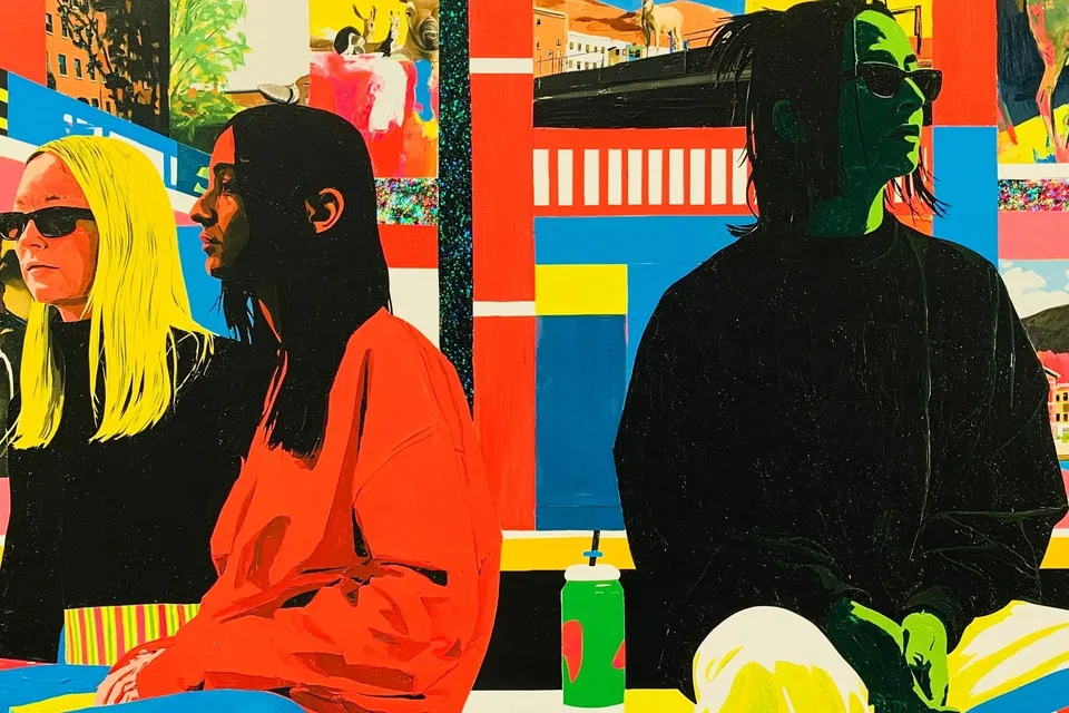 Two Best Friends, a Midjourney sref remix: two best friends touring a futuristic city transit system, each station rendered as a different vivid collage panel with glittery Y2K fashion portrait accents, playful illustration style