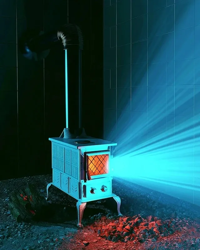 Compact Cast-Iron Wood Stove, a Midjourney sref remix: a compact cast-iron wood stove with enamel door, vent controls and stovepipe collar, cinematic 3D style