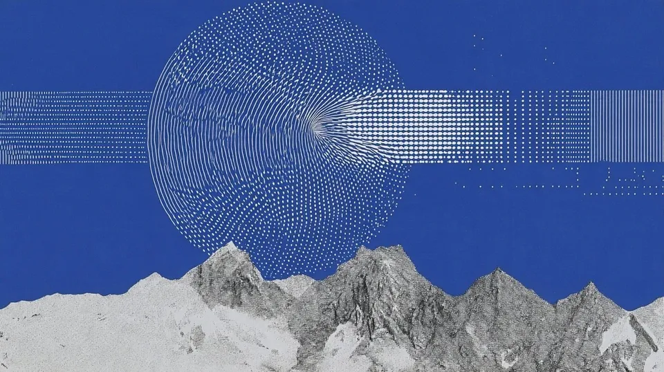 Serene Blue Spiral, a Midjourney sref remix: A serene blue spiral of wind and starlight winds through a monochrome mountain range sketched in clean contour lines., cinematic graphic style