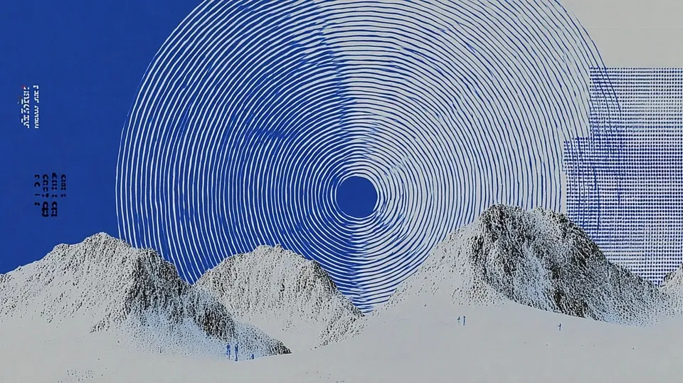 Serene Blue Spiral, a Midjourney sref remix: A serene blue spiral of wind and starlight winds through a monochrome mountain range sketched in clean contour lines., surreal graphic style