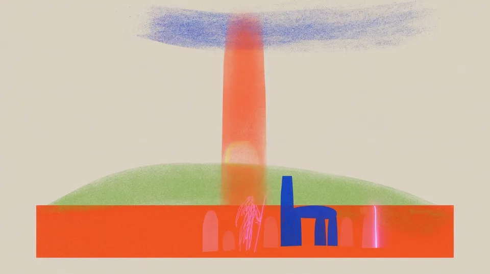 Archaeological Night Watch, a Midjourney sref remix: an archaeological night watch beside an ancient hilltop observatory as a quiet beam descends from the clouds, gestural warrior sketch merged with neon retro mystery, dreamy illustration style