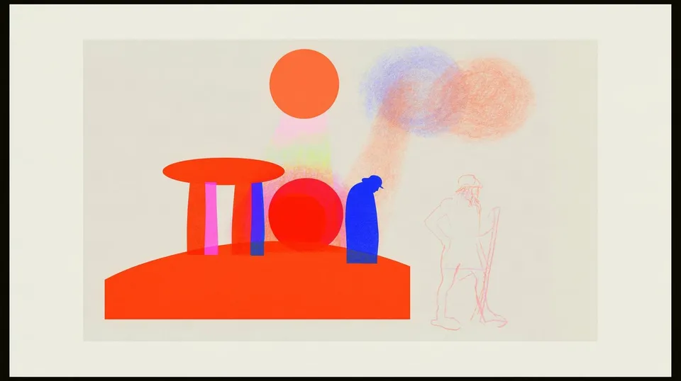 Archaeological Night Watch, a Midjourney sref remix: an archaeological night watch beside an ancient hilltop observatory as a quiet beam descends from the clouds, gestural warrior sketch merged with neon retro mystery, surreal graphic style