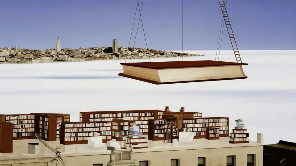 Floating Library Suspended inside a Vast Cloud 2, a Midjourney sref remix: a floating library suspended inside a vast cloud chamber, sleepy rubber submarines fold the horizon through a suburban rooftop, ladders and books drifting in sunlight, before the city wakes, surreal illustration style