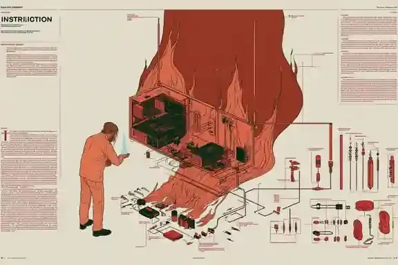Ceremonial Repair Technician, a Midjourney sref remix: a ceremonial repair technician blessing an exploded-view solar radio in a playful retro instruction poster, flame-shaped color fields, precise labeled components, no horror, playful illustration style