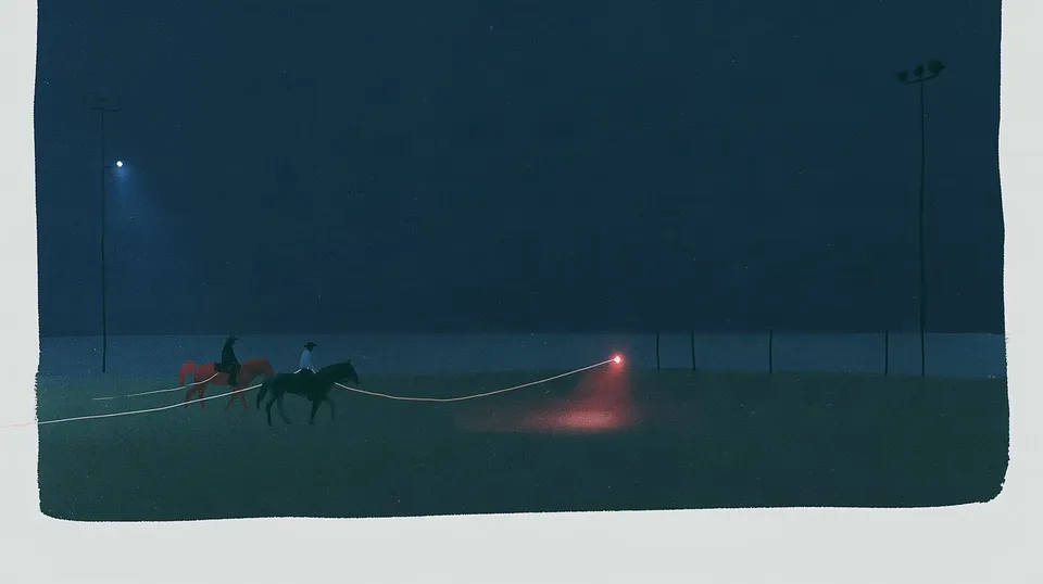 Midnight Rodeo Signals, a Midjourney sref remix: horse riders circling an empty nighttime arena as their lariats become luminous highway trails, loose watercolor gestures against grainy cinematic darkness, cinematic illustration style