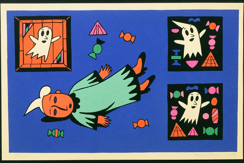 Blue Lounge Panels, a Midjourney sref remix: A modernist woman relaxes across a deep blue field while four playful retro panels show a cheerful little ghost floating among candy-colored shapes., playful graphic style