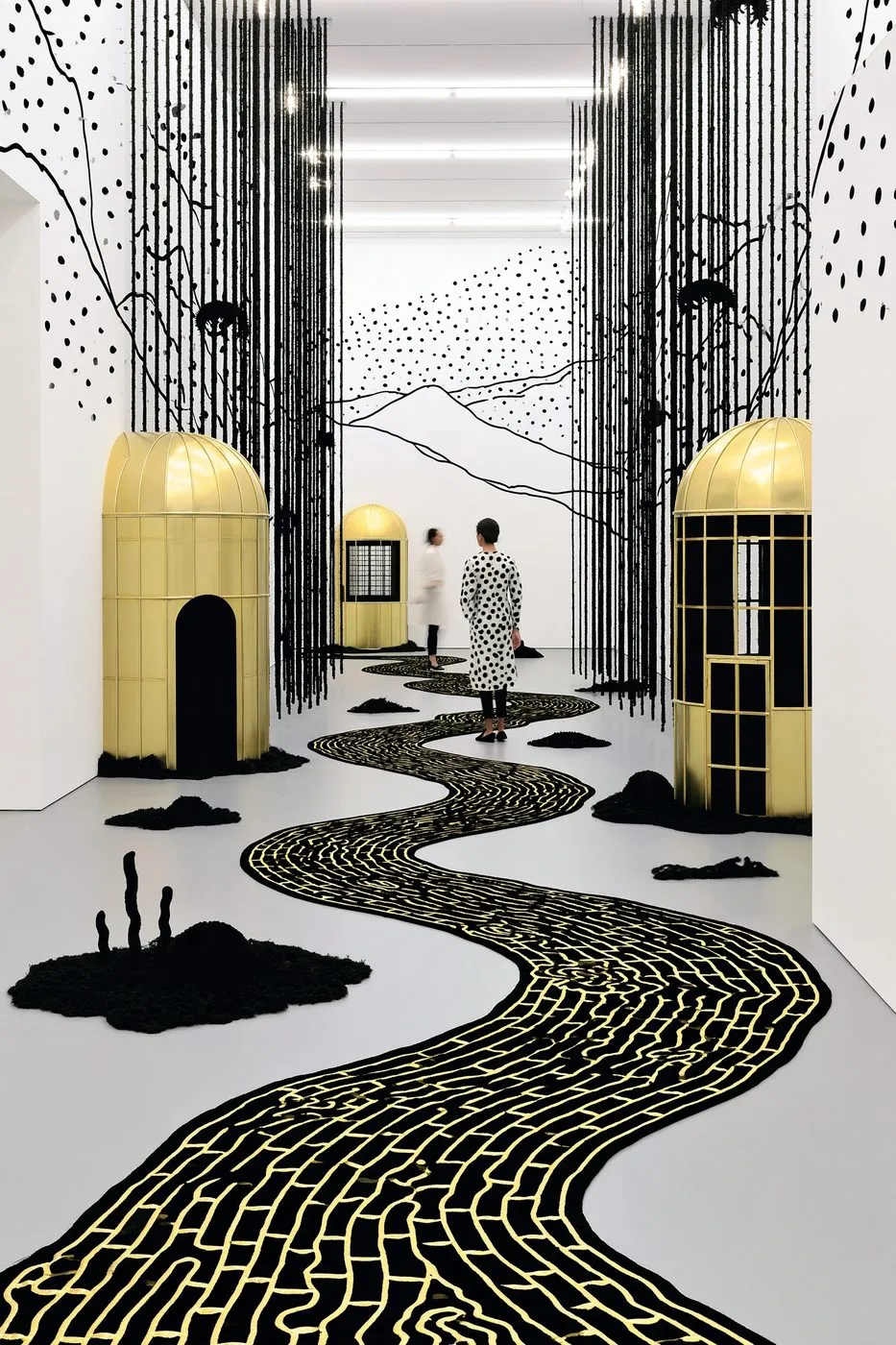 Velvet Brass Greenhouses Migrate, a Midjourney sref remix: velvet brass greenhouses migrate through an alpine arcade, as the floor slowly becomes an ocean, surreal 3D style