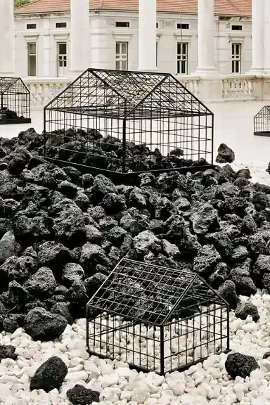 Velvet Brass Greenhouses Migrate, a Midjourney sref remix: velvet brass greenhouses migrate through an alpine arcade, as the floor slowly becomes an ocean, brutal photo style
