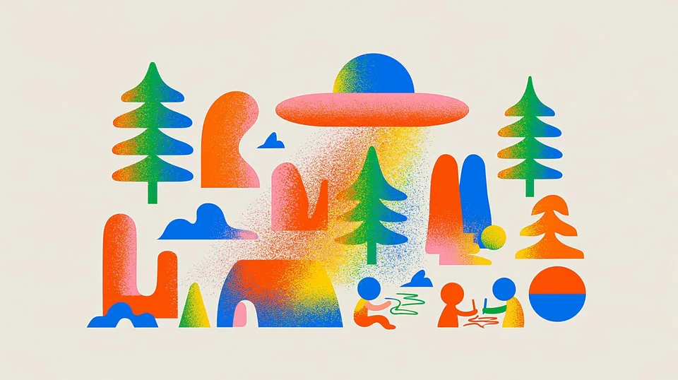 Signal over the Campground, a Midjourney sref remix: a gentle UFO beaming rainbow-colored light over a peaceful pine campground where children draw with crayons, playful retro glow and handmade crayon texture, playful illustration style