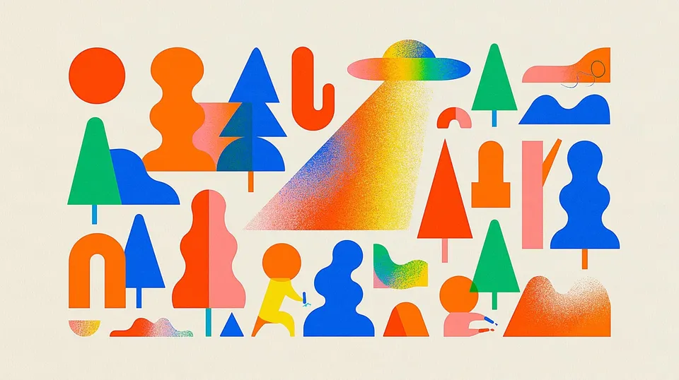 Signal over the Campground, a Midjourney sref remix: a gentle UFO beaming rainbow-colored light over a peaceful pine campground where children draw with crayons, playful retro glow and handmade crayon texture, playful illustration style