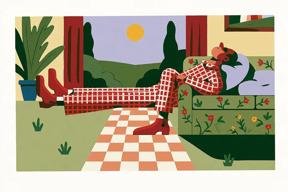 Sunlit Figure, a Midjourney sref remix: A sunlit figure in checked pajamas dozes on a floral couch while a checkerboard pathway unfurls beneath them into a warm twilight dreamscape., playful illustration style