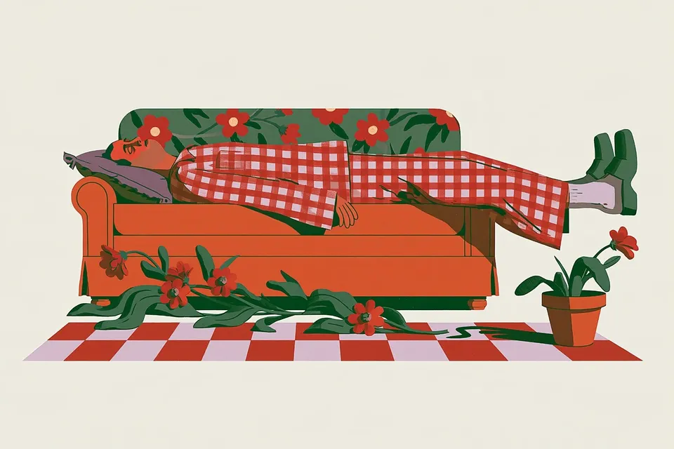 Sunlit Figure, a Midjourney sref remix: A sunlit figure in checked pajamas dozes on a floral couch while a checkerboard pathway unfurls beneath them into a warm twilight dreamscape., dreamy illustration style
