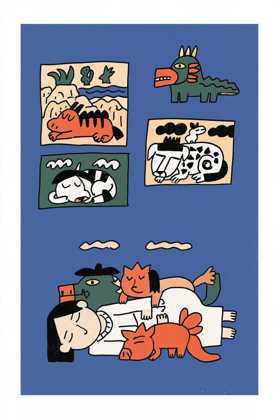 Serene Woman Lounges, a Midjourney sref remix: A serene woman lounges across a deep blue field while four gentle storybook creatures nap peacefully in floating painted panels above her., playful illustration style