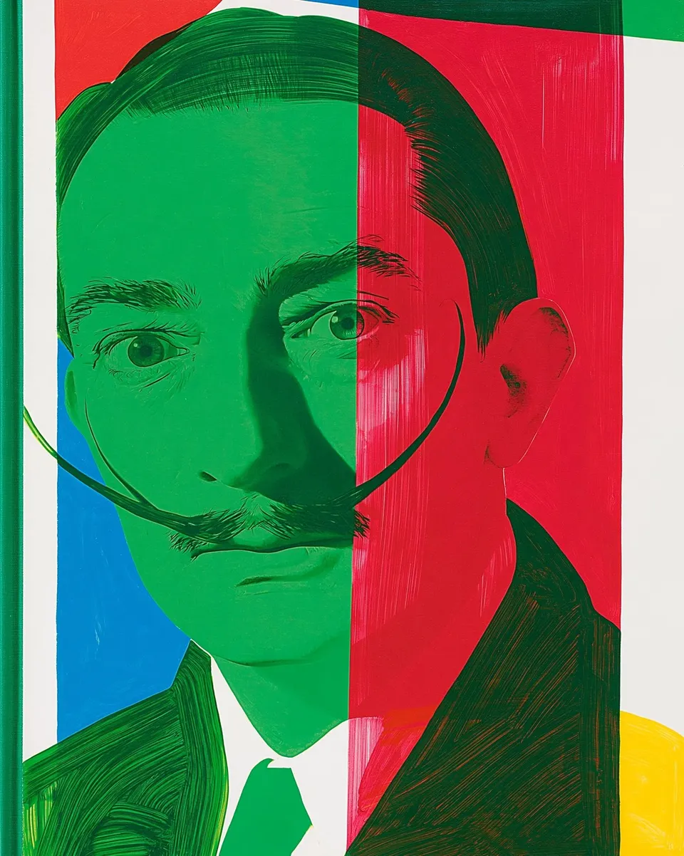 The Surrealist's Almanac, a Midjourney sref remix: a six-panel storybook of a cartoon artist with a curling mustache imagining impossible daily scenes, neon-green graphic portraiture across vivid painted panels, surreal graphic style
