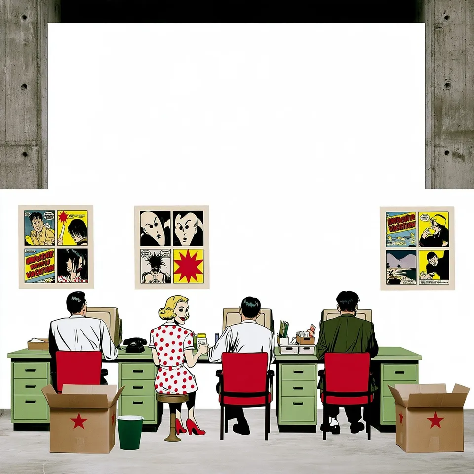 Absurd Municipal Archive, a Midjourney sref remix: an absurd municipal archive where cheerful clerks sort impossible vacation memories, four-panel pulp-comic vignettes arranged around a severe minimalist paper wall, playful illustration style