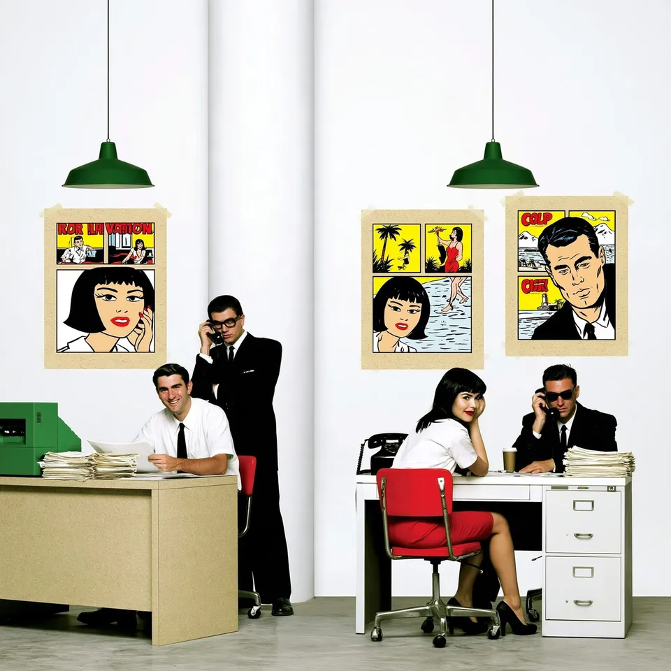 Absurd Municipal Archive, a Midjourney sref remix: an absurd municipal archive where cheerful clerks sort impossible vacation memories, four-panel pulp-comic vignettes arranged around a severe minimalist paper wall, playful illustration style