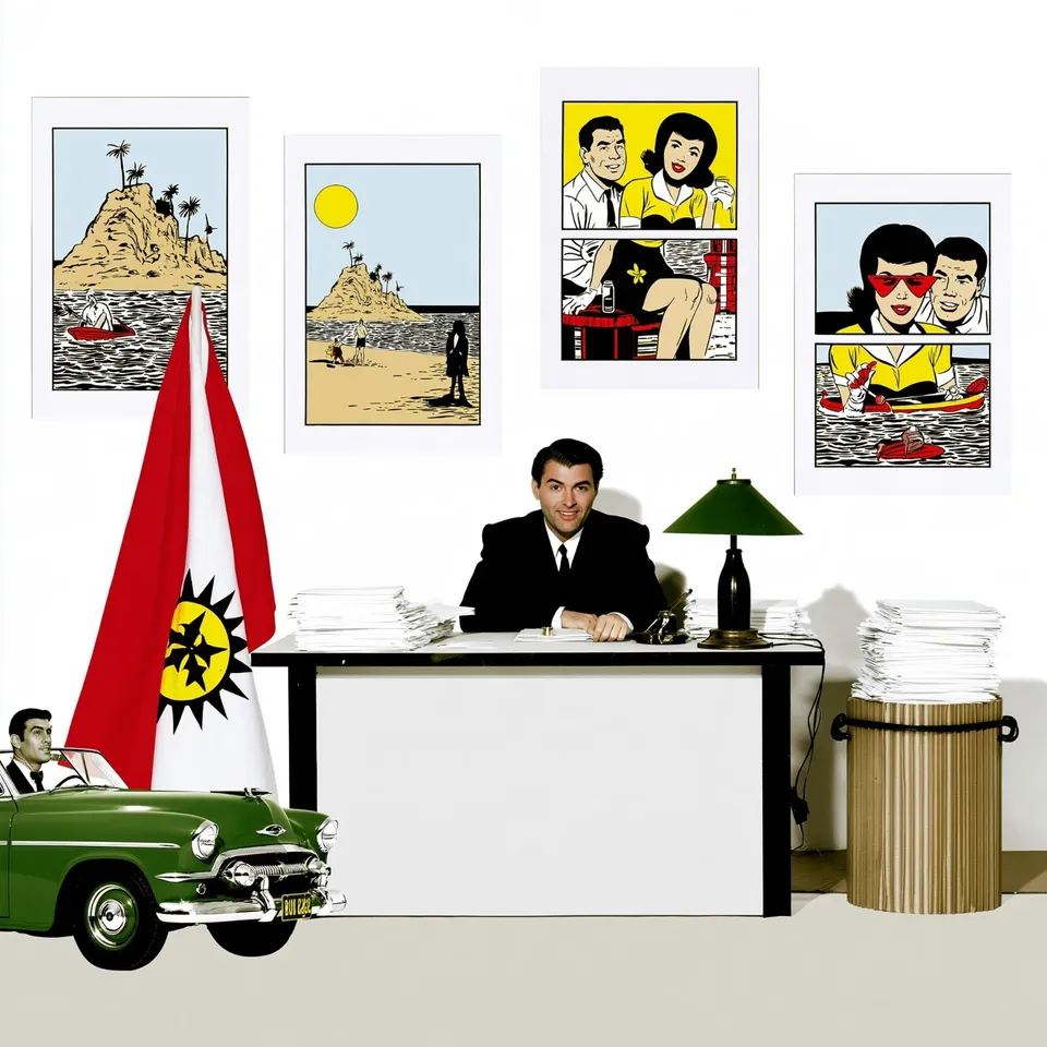 Absurd Municipal Archive, a Midjourney sref remix: an absurd municipal archive where cheerful clerks sort impossible vacation memories, four-panel pulp-comic vignettes arranged around a severe minimalist paper wall, playful graphic style