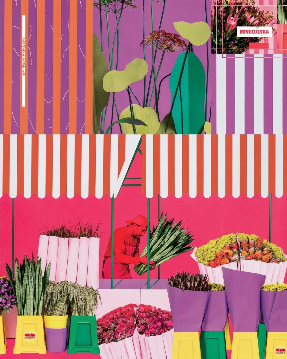 Night-market Florist Building Enormous Bouquets, a Midjourney sref remix: a night-market florist building enormous bouquets beneath striped awnings, playful graphic style